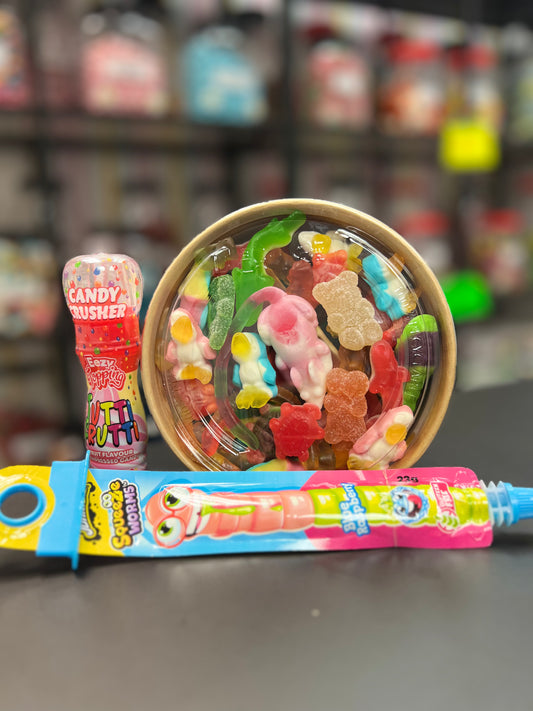 Kids Gummy Salad Bowl (500-550g) +Candy Crusher”Tutti Frutti”+ Jonny Bee Blue Raspberry Squeeze Worm