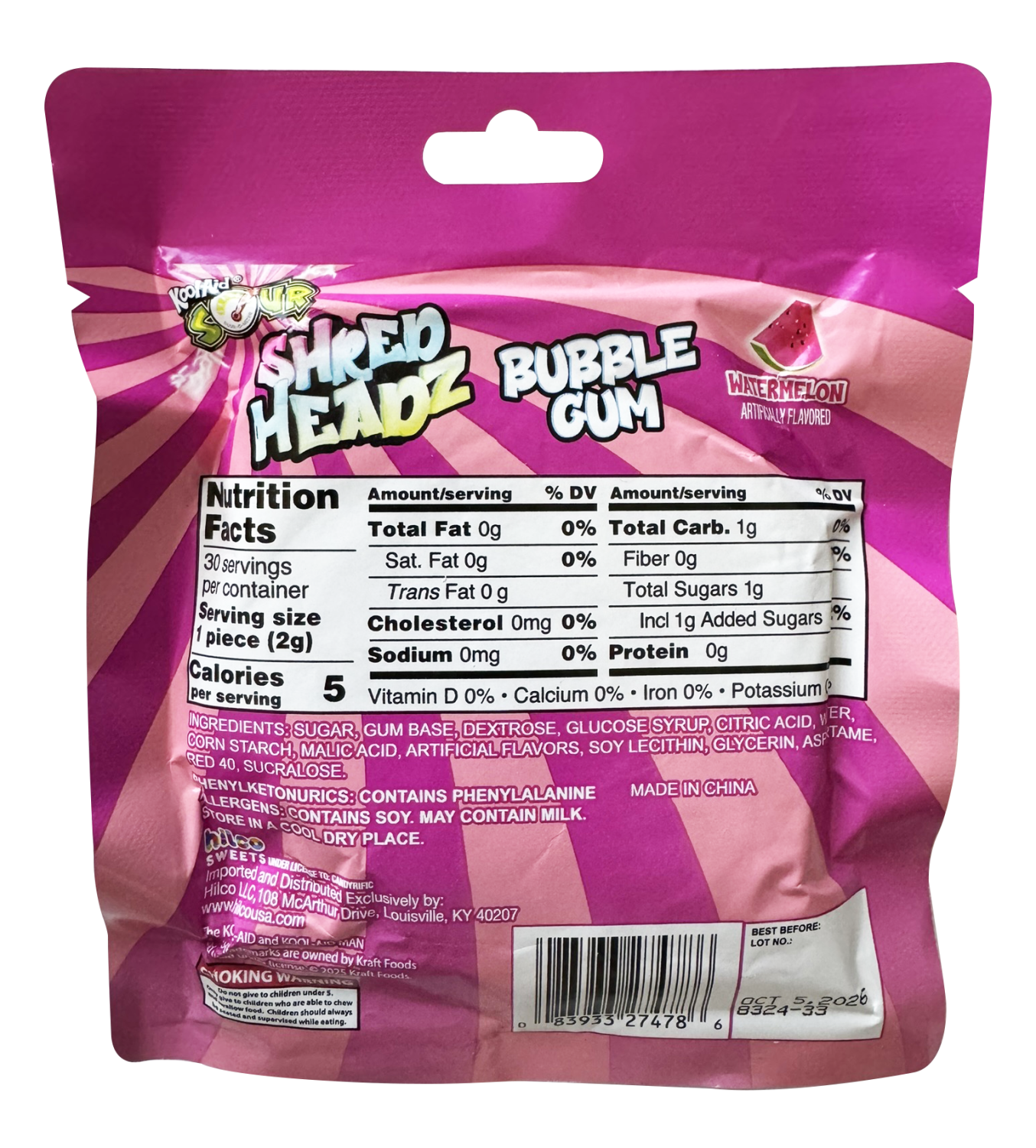 Kool-Aid Sour Shred Headz Watermelon Bubblegum (60g)